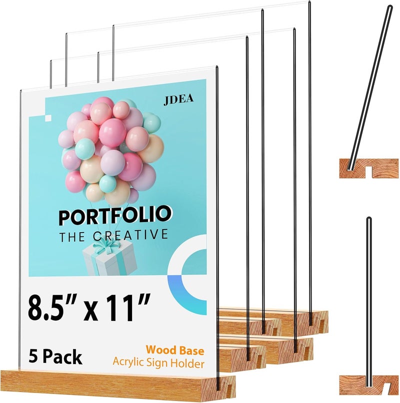 JDEA Acrylic Sign Holder with Wood Base 8.5x11 Inch Vertical and Slant Displays (5 Pack 8.5*11") - Image 1